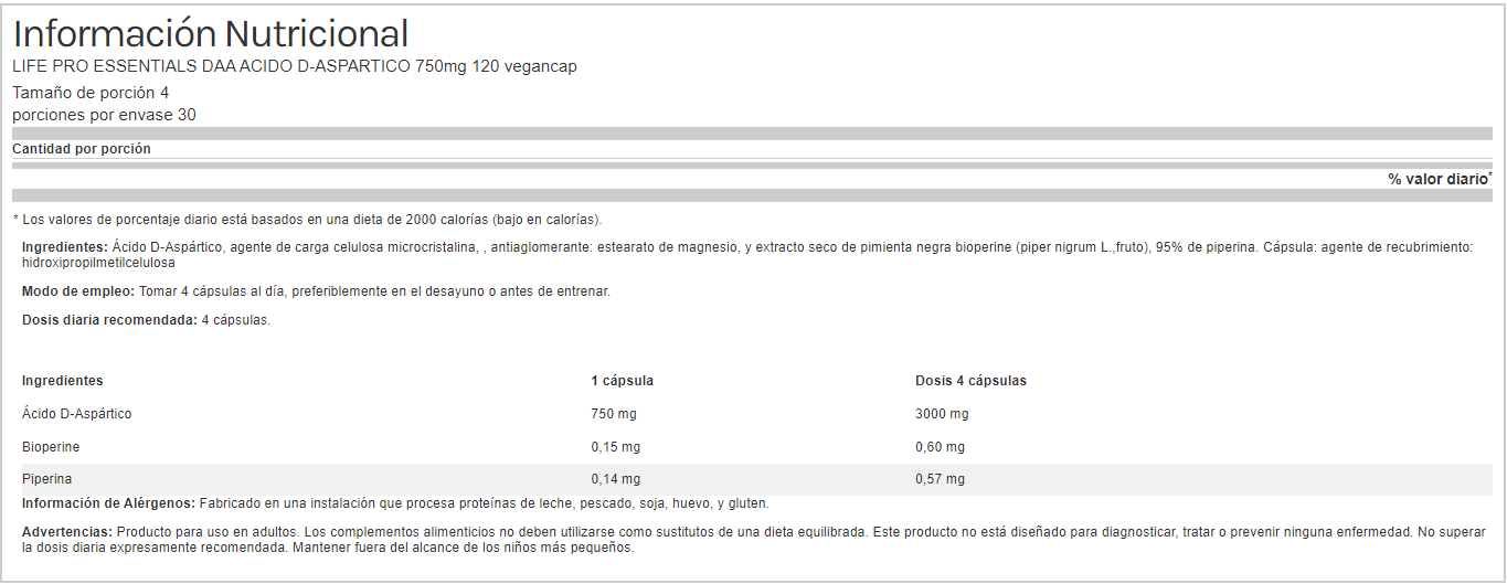 Life Pro Essentials Daa Acido D-Aspartico 750mg 120 Vegancap